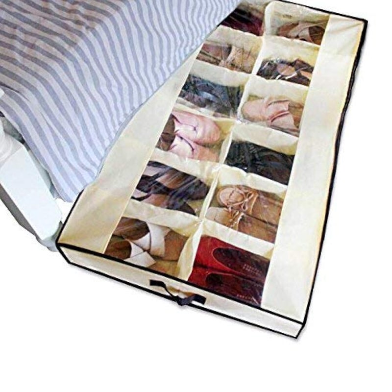 Shonpy Men/Women Adults 12 Cells See Through Underbed Shoe Storage Bag Organizer, Beige